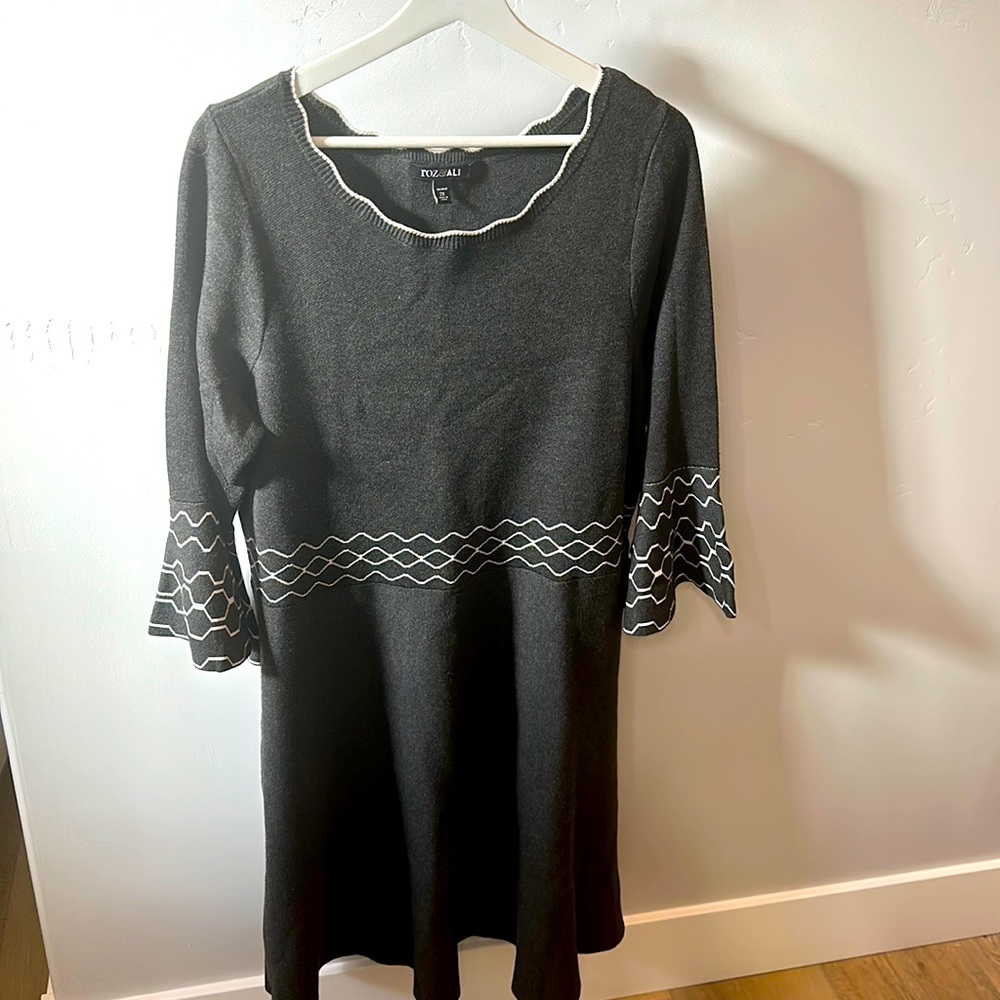 Dressy grey fall dress with flared sleeves